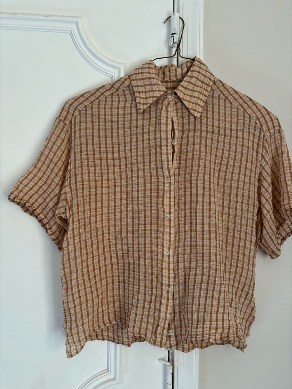 Roseanna Tan Plaid Short-Sleeve Button-Down Shirt